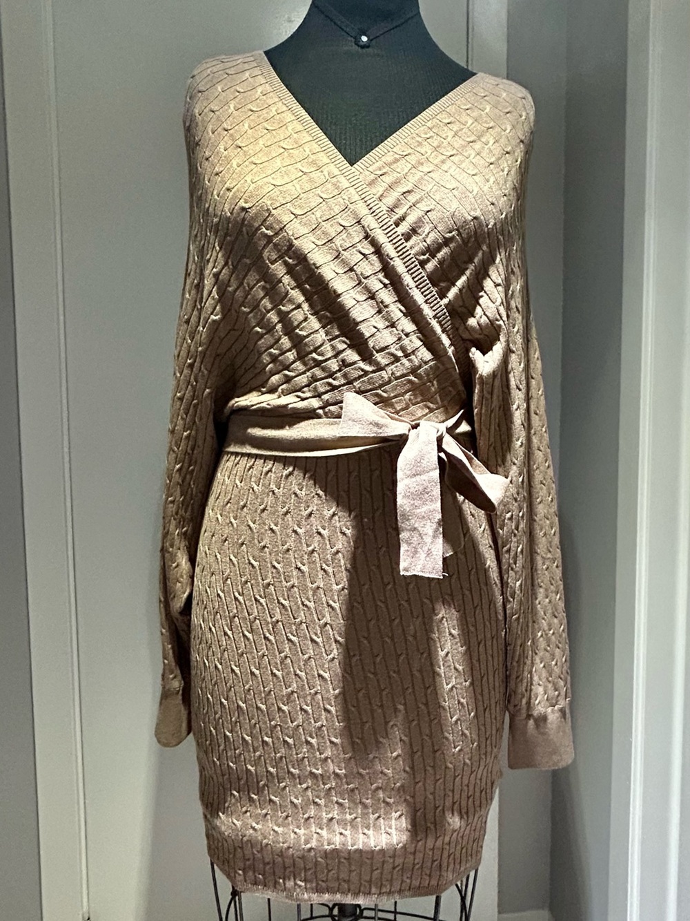 Forever 21 Taupe Wrap-Front Cable Knit Long Sleeve Dress
